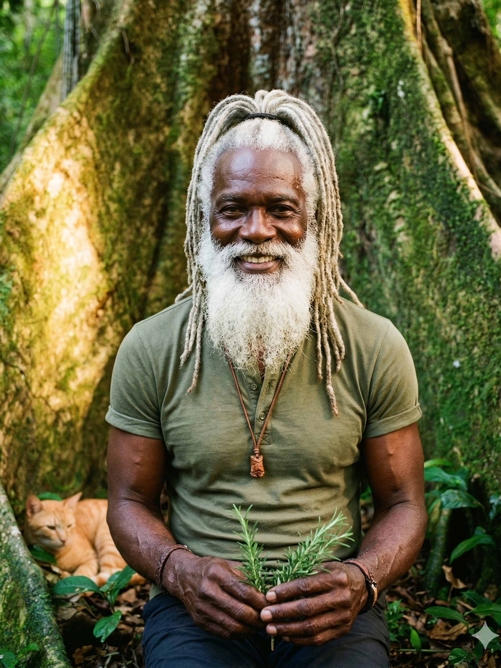 El Abuelo sereno, meditando junto al árbol
