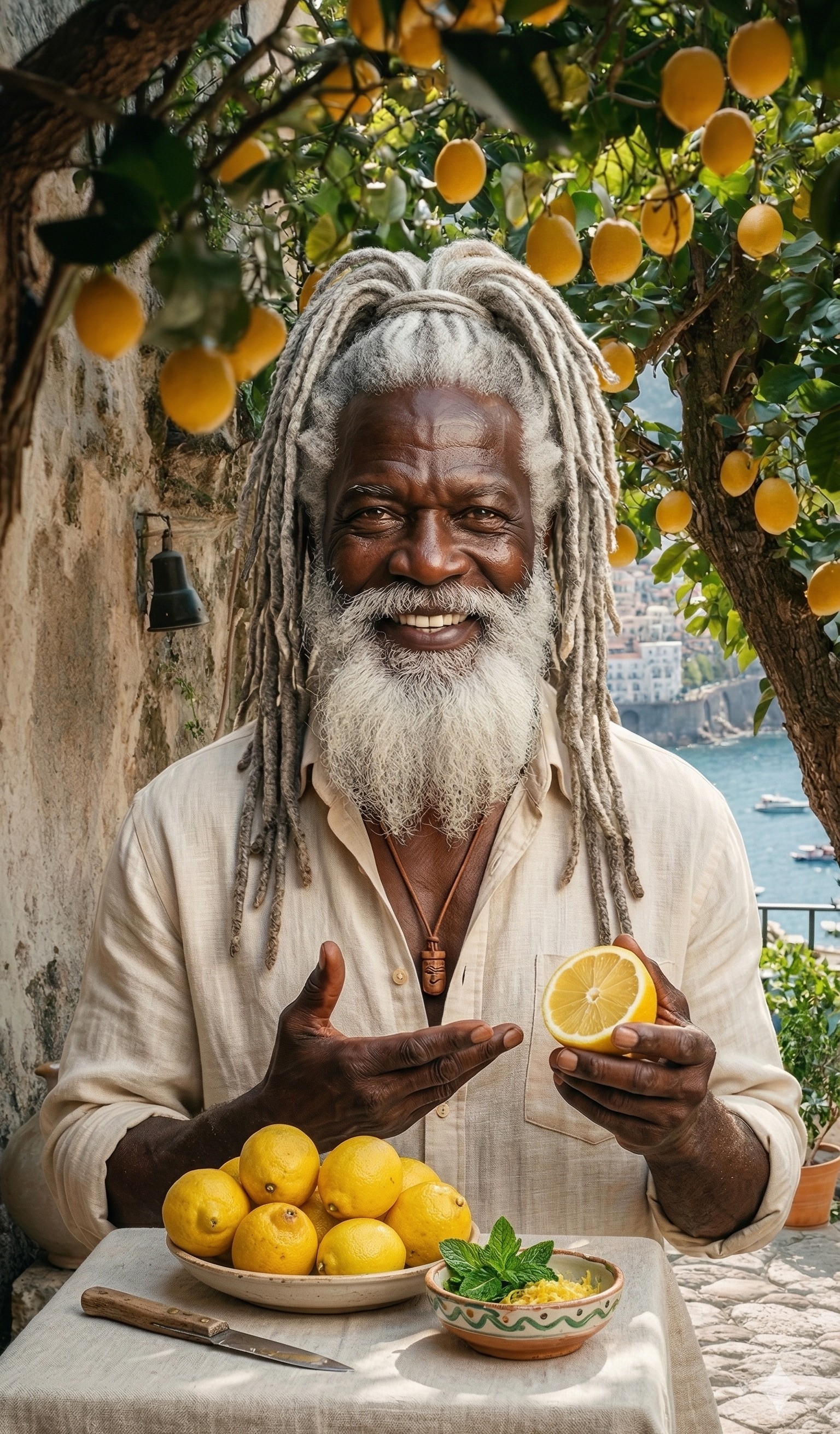 Marcus sonriente, el Abuelo Africano a los 72 años